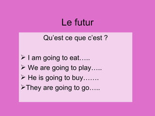 Le futur Qu’est ce que c’est ? I am going to eat….. We are going to play….. He is going to buy……. They are going to go….. 