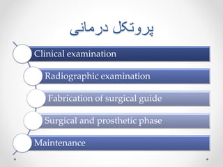 ‫درمانی‬ ‫پروتکل‬
Clinical examination
Radiographic examination
Fabrication of surgical guide
Surgical and prosthetic phas...