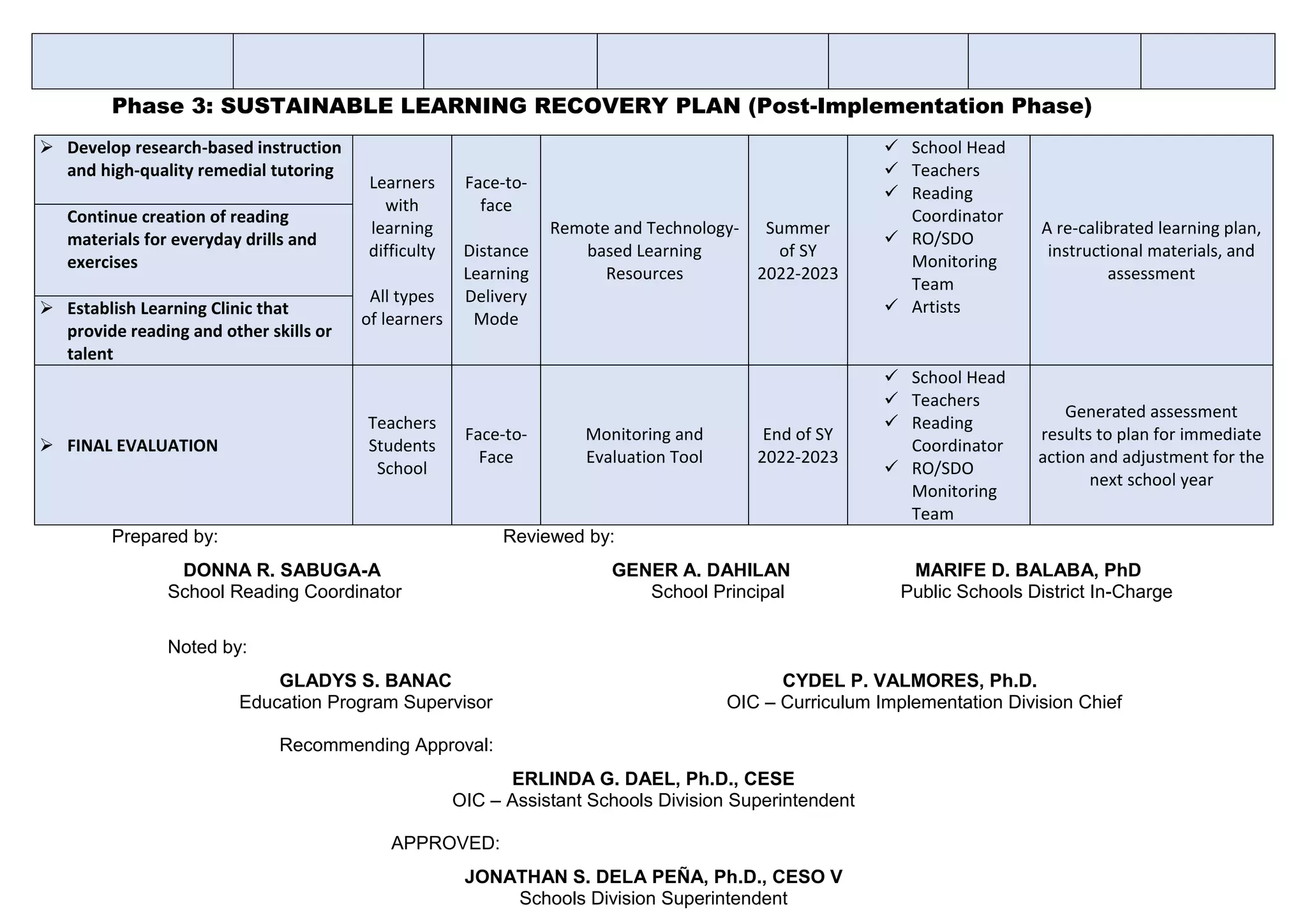 Phase 3: SUSTAINABLE LEARNING RECOVERY PLAN (Post-Implementation Phase)
 Develop research-based instruction
and high-quality remedial tutoring
Learners
with
learning
difficulty
All types
of learners
Face-to-
face
Distance
Learning
Delivery
Mode
Remote and Technology-
based Learning
Resources
Summer
of SY
2022-2023
 School Head
 Teachers
 Reading
Coordinator
 RO/SDO
Monitoring
Team
 Artists
A re-calibrated learning plan,
instructional materials, and
assessment
Continue creation of reading
materials for everyday drills and
exercises
 Establish Learning Clinic that
provide reading and other skills or
talent
 FINAL EVALUATION
Teachers
Students
School
Face-to-
Face
Monitoring and
Evaluation Tool
End of SY
2022-2023
 School Head
 Teachers
 Reading
Coordinator
 RO/SDO
Monitoring
Team
Generated assessment
results to plan for immediate
action and adjustment for the
next school year
Prepared by: Reviewed by:
DONNA R. SABUGA-A GENER A. DAHILAN MARIFE D. BALABA, PhD
School Reading Coordinator School Principal Public Schools District In-Charge
Noted by:
GLADYS S. BANAC CYDEL P. VALMORES, Ph.D.
Education Program Supervisor OIC – Curriculum Implementation Division Chief
Recommending Approval:
ERLINDA G. DAEL, Ph.D., CESE
OIC – Assistant Schools Division Superintendent
APPROVED:
JONATHAN S. DELA PEÑA, Ph.D., CESO V
Schools Division Superintendent
 