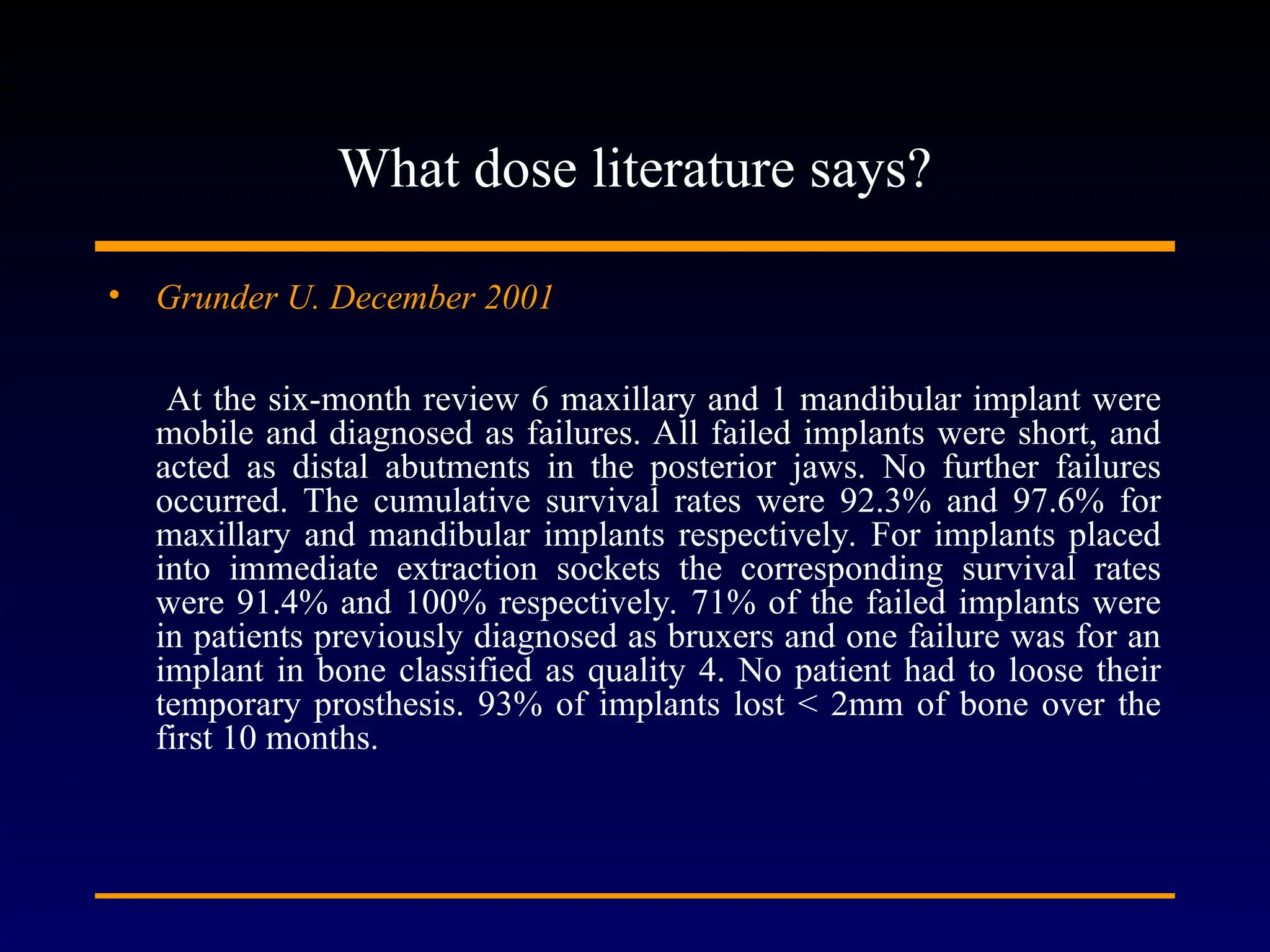 What dose literature says?
• Grunder U. December 2001
At the six-month review 6 maxillary and 1 mandibular implant were
mobile and diagnosed as failures. All failed implants were short, and
acted as distal abutments in the posterior jaws. No further failures
occurred. The cumulative survival rates were 92.3% and 97.6% for
maxillary and mandibular implants respectively. For implants placed
into immediate extraction sockets the corresponding survival rates
were 91.4% and 100% respectively. 71% of the failed implants were
in patients previously diagnosed as bruxers and one failure was for an
implant in bone classified as quality 4. No patient had to loose their
temporary prosthesis. 93% of implants lost < 2mm of bone over the
first 10 months.
 