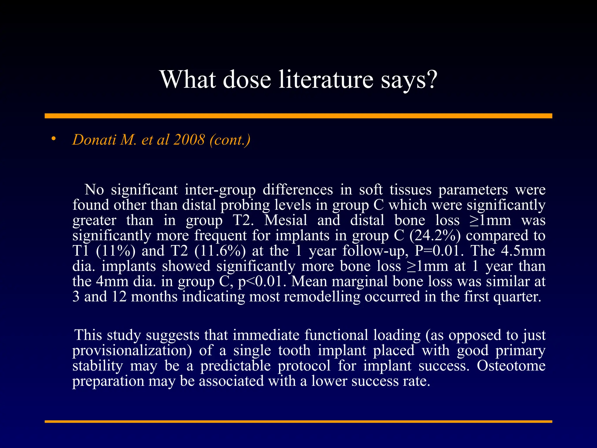 What dose literature says?
• Donati M. et al 2008 (cont.)
No significant inter-group differences in soft tissues parameters were
found other than distal probing levels in group C which were significantly
greater than in group T2. Mesial and distal bone loss ≥1mm was
significantly more frequent for implants in group C (24.2%) compared to
T1 (11%) and T2 (11.6%) at the 1 year follow-up, P=0.01. The 4.5mm
dia. implants showed significantly more bone loss ≥1mm at 1 year than
the 4mm dia. in group C, p<0.01. Mean marginal bone loss was similar at
3 and 12 months indicating most remodelling occurred in the first quarter.
This study suggests that immediate functional loading (as opposed to just
provisionalization) of a single tooth implant placed with good primary
stability may be a predictable protocol for implant success. Osteotome
preparation may be associated with a lower success rate.
 