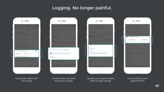 Logging. No longer painful.
Inbox
11:18 AM 100%
Logged to Salesforce Contact Info
Canal Inc.
$85k • Q3 Proposal • 40%
App Demo and Trial
Type something
Re: Thanks + Questions
Branko Cerny
Hi Sang, Thanks for sending those docs over. Everyone
on my team loves using the app and interestingly eno...
10:07 AM
Log Message Contact Info
Intelligent Co.
$100k • Q2 Negotiation • 90%
Early Access
Re: Checking in
Amul Arya, Diana B, Lilly S, +3
Fantastic! Appreciate all the support you guys have
given us. My guys are really looking forward to meeti…
10:02 AM
Where should I ship your gift?
Michael Hodges, Marie-Therese C.
Hi Sang, Thanks so much for upgrading to our premium
tier! We’d love to send you a gift as a token of our…
Log Message Contact Info
9:57 AM
Where should I ship your gift?
Debra Dunn
Hi Sang, Thanks so much for upgrading to our premium
tier! We’d love to send you a gift as a token of our
9:51 AM
Search
Mail Opens To Do Opps Contacts
Type something
Log Message Contact Info
Intelligent Co.
$100k • Q2 Negotiation • 90%
Early Access
Where should I ship your gift?
Michael Hodges, Marie-Therese C. 9:57 AM
Opportunity
Amount
$ 85,000
Probability
80%
Stage
Negotiation
Clam Networks - Locking in on close
Account
Clam Networks
View Opportunity History
Create Note Log Activity
Forecast Category
Pipeline
Description
The deal is at 90% because they are at the sales
process stage of evaluating our ROI justiﬁcation.
Close Date
2015-27-07
$ 85,000
Probability
80%
Stage
Negotiation
Close Date
Opportunity
Amount
$ 85,000
Probability
80%
Stage
Negotiation
Clam Networks - Locking in on close
Account
Clam Networks
View Opportunity History
Create Note Log Activity
Forecast Category
Pipeline
Description
The deal is at 90% because they are at the sales
process stage of evaluating our ROI justiﬁcation.
Close Date
2015-27-07
View Opportunity History
Create Note Log Activity
11:18 AM 100%
Inbox
Re: Thanks + Questions
Opportunity History
View all touchpoints for this opportunity
Canal, Inc
$85k • Q3 Proposal • 40%
App Demo and Trial
June 15
Fantastic! Would you be able to jump on a quick call? Here are
some times that work for me. Click on a time to schedule a s…
Sang
Branko Cerny
Director of Sales and Pro… at Canal, Inc
To: Lilly Skolnik, Sang Lee Details 10m ago
Log to Salesforce Create Task
Hi Sang,
Thanks for sending those docs over. Everyone on my team
loves using the app and interestingly enough I’ve had a few
people from our recruiting department ask about using
the app for outreach as well.
I’ve cc’d Lilly who can help introduce you to that team and
get things set up for you - you two should schedule some
time to chat.
S
To: Lilly Skolnik, Sang Lee Details
Log to Salesforce Create Task
Hi Sang,
Log emails right from
your inbox
Update your opportunities
right as they change
Log activity to your
opportunities
Create follow up tasks
before you forget
 