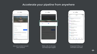 Accelerate your pipeline from anywhere
Contact
James Mock
VP of Sales at Catcorp
EMAIL
james@thecatcorporation.com
TITLE
VP of Sales
ACCOUNT NAME
Clam Networks
View Account
BIO
Co-Founder @ Clam Networks. Passionate about the
intersection between human, cat, and technology.
TWITTER
@jwmmd (7,478 followers)
Re: Checking in
Fantastic! Appreciate all the support you guys have
Yesterday
Recent Emails
Contact
James Mock
VP of Sales at Catcorp
EMAIL
james@thecatcorporation.com
TITLE
VP of Sales
ACCOUNT NAME
Clam Networks
View Account
BIO
Co-Founder @ Clam Networks. Passionate about the
intersection between human, cat, and technology.
TWITTER
@jwmmd (7,478 followers)
Re: Checking in
Fantastic! Appreciate all the support you guys have
Yesterday
Recent Emails
VP of Sales at Catcorp
EMAIL
Get contract together
Salesforce Task
Due Tomorrow
To Do
11:18 AM 100%
Mail Opens To Do Opps Contacts
Overdue
Scheduled
Thanks + Questions
Follow-up to james@thecatcorporation.com
Due Yesterday
Re: Social hour
Follow-up to sang@sanglee.me
Due 3 days ago
Ask Susie to set up accounts for catcorp
Salesforce Task
Due Today
Demo materials for Sean
Salesforce Task
Due Tomorrow
Ask Ted about shirt sizing
Salesforce Task
Due Tomorrow
Research for kittens.co demo
Salesforce Task
Due Tomorrow
Demo for the team
Follow-up to sang@kittens.co
Due Tomorrow
Get extra context around
your contacts
Integrated follow-up
reminders and tasks
Make calls via the app,
and they’ll get logged
 