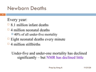 Newborn Deaths
4
Every year:
 8.1 million infant deaths
 4 million neonatal deaths
 40% of all under-five mortality
 Eight neonatal deaths every minute
 4 million stillbirths
Under-five and under-one mortality has declined
significantly – but NMR has declined little
11/21/24
Prep by Areg A
 