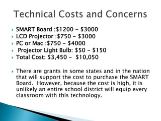 SMART Board :$1200 - $3000LCD Projector:$750 - $3000PC or Mac:$750 - $4000Projector Light Bulb:$50 - $150  Total Cost: $3,450 -  $10,050There are grants in some states and in the nation that will support the cost to purchase the SMART Board.  However, because the cost is high, it is unlikely an entire school district will equip every classroom with this technology.Technical Costs and Concerns