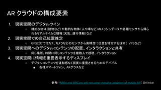 AR クラウドの構成要素
1. 現実空間のデジタルツイン
○ 静的な物体（建物など）や動的な物体（人や車など）のメッシュデータや各種センサから得ら
れるリアルタイムな情報（天気、運行情報）など
2. 現実空間での自己位置推定
○ GPSだけではなく、カメラなどのセンサから高精度に位置を特定する技術（ VPSなど）
3. 現実空間へのデジタルコンテンツの配置、インタラクションと共有
○ 同じ場所、時間に同じコンテンツを複数人で視聴、インタラクション
4. 現実空間に情報を重畳表示するディスプレイ
○ デジタルコンテンツを違和感なく現実に重畳させるためのデバイス
■ 各種スマートフォン、 ARグラスなど
参考: “ARKit and ARCore will not usher massive adoption of mobile AR”, Ori Inbar
 