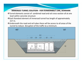 IMMERSED TUNNEL SOLUTION - FOR FEHMERNBELT LINK, DENMARK
Tunnel elements consist of combined road and rail cross-section all at one
level within concrete structure
Each Standard element of immersed tunnel has length of approximately
217 m.
Underneath the road and rail tubes there will be access to all areas of the
tunnel to reduce disruption of the traffic to a minimum.
 