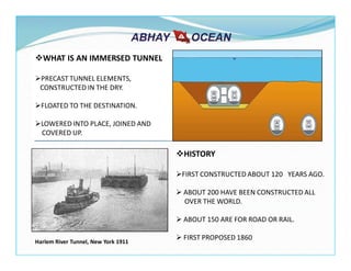 WHAT IS AN IMMERSED TUNNEL
PRECAST TUNNEL ELEMENTS,
CONSTRUCTED IN THE DRY.
FLOATED TO THE DESTINATION.
LOWERED INTO PLACE, JOINED AND
COVERED UP.
HISTORY
FIRST CONSTRUCTED ABOUT 120 YEARS AGO.
ABOUT 200 HAVE BEEN CONSTRUCTED ALL
OVER THE WORLD.
ABOUT 150 ARE FOR ROAD OR RAIL.
FIRST PROPOSED 1860
Harlem River Tunnel, New York 1911
 