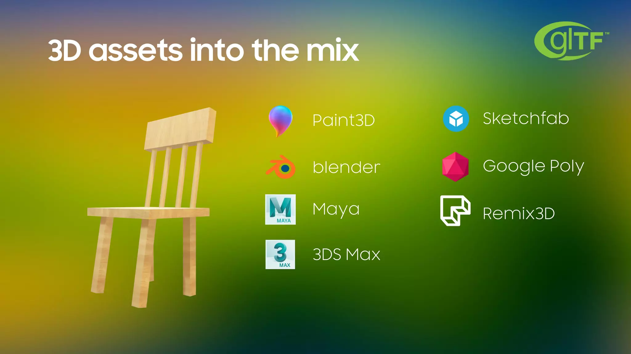 3D assets into the mix
Paint3D
blender
Maya
3DS Max
Sketchfab
Google Poly
Remix3D
 