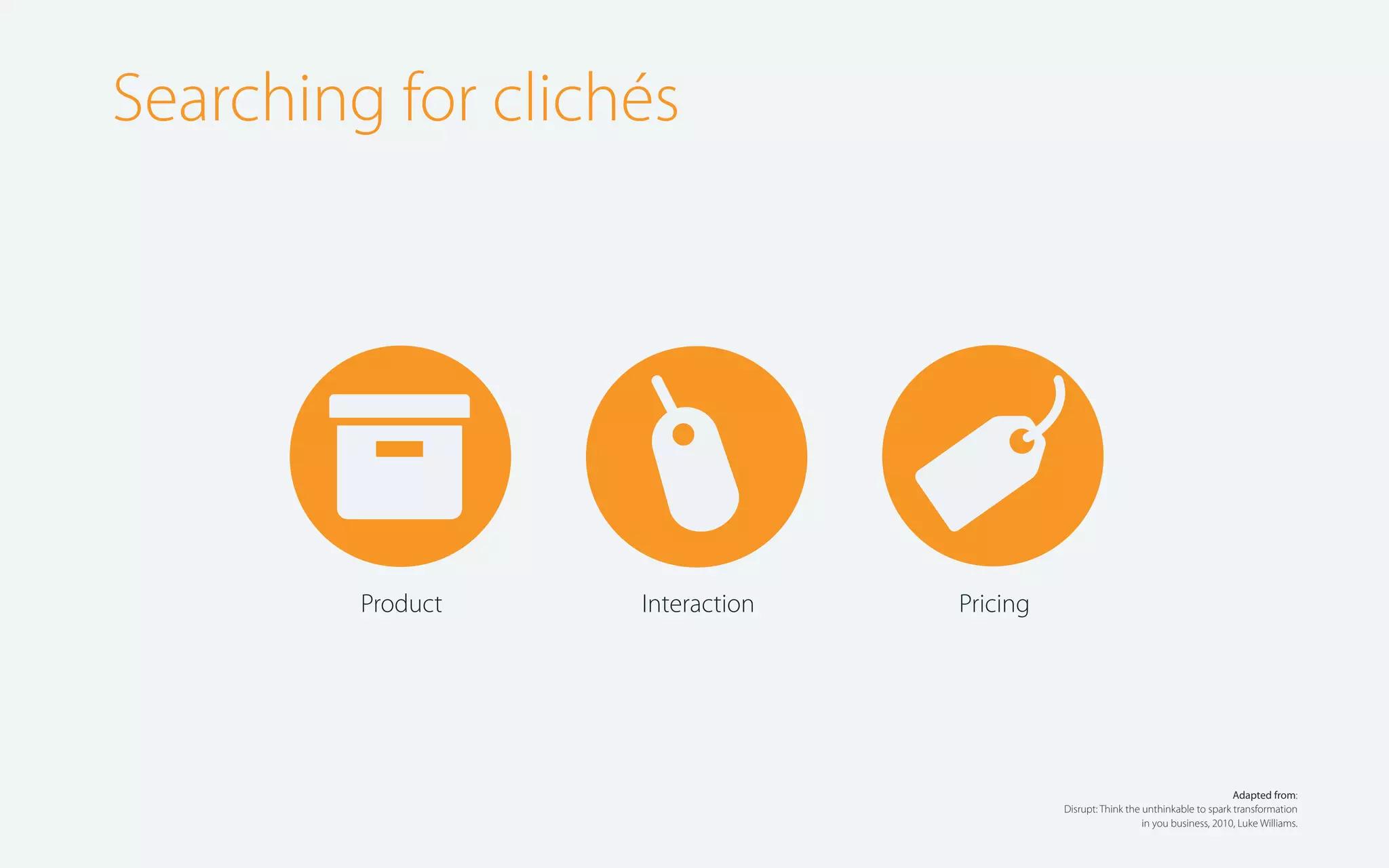 Searching for clichés

📦  

Product

Interaction

Pricing

Adapted from:
Disrupt: Think the unthinkable to spark transformation
in you business, 2010, Luke Williams.

 