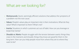 What are we looking for?
• Workarounds: Quick, seemingly eﬃcient solutions that address the symptoms of
a problem not the root cause.
• Values: People’s values play an important role in their motivations. What do they
value? What’s important to them? What’s not?
• Inertia: Situations in which customers act out of habit. How can you leverage or
break that inertia?
• Shoulds vs. Wants: People struggle with the tension between wants: things they
crave in the moment; and shoulds: things they know are good for them in the
long term. How can you help people move from where they are to where they
want to be?

 