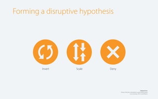 Forming a disruptive hypothesis

🔄

Invert

Scale

Deny

Adapted from:
Disrupt: Think the unthinkable to spark transformation
in you business, 2010, Luke Williams.

 