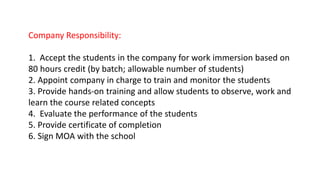 Company Responsibility:
1. Accept the students in the company for work immersion based on
80 hours credit (by batch; allowable number of students)
2. Appoint company in charge to train and monitor the students
3. Provide hands-on training and allow students to observe, work and
learn the course related concepts
4. Evaluate the performance of the students
5. Provide certificate of completion
6. Sign MOA with the school
 