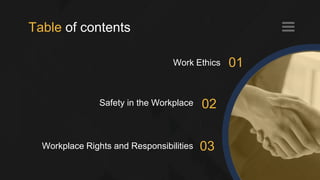 01
02
03
Table of contents
Work Ethics
Safety in the Workplace
Workplace Rights and Responsibilities
 