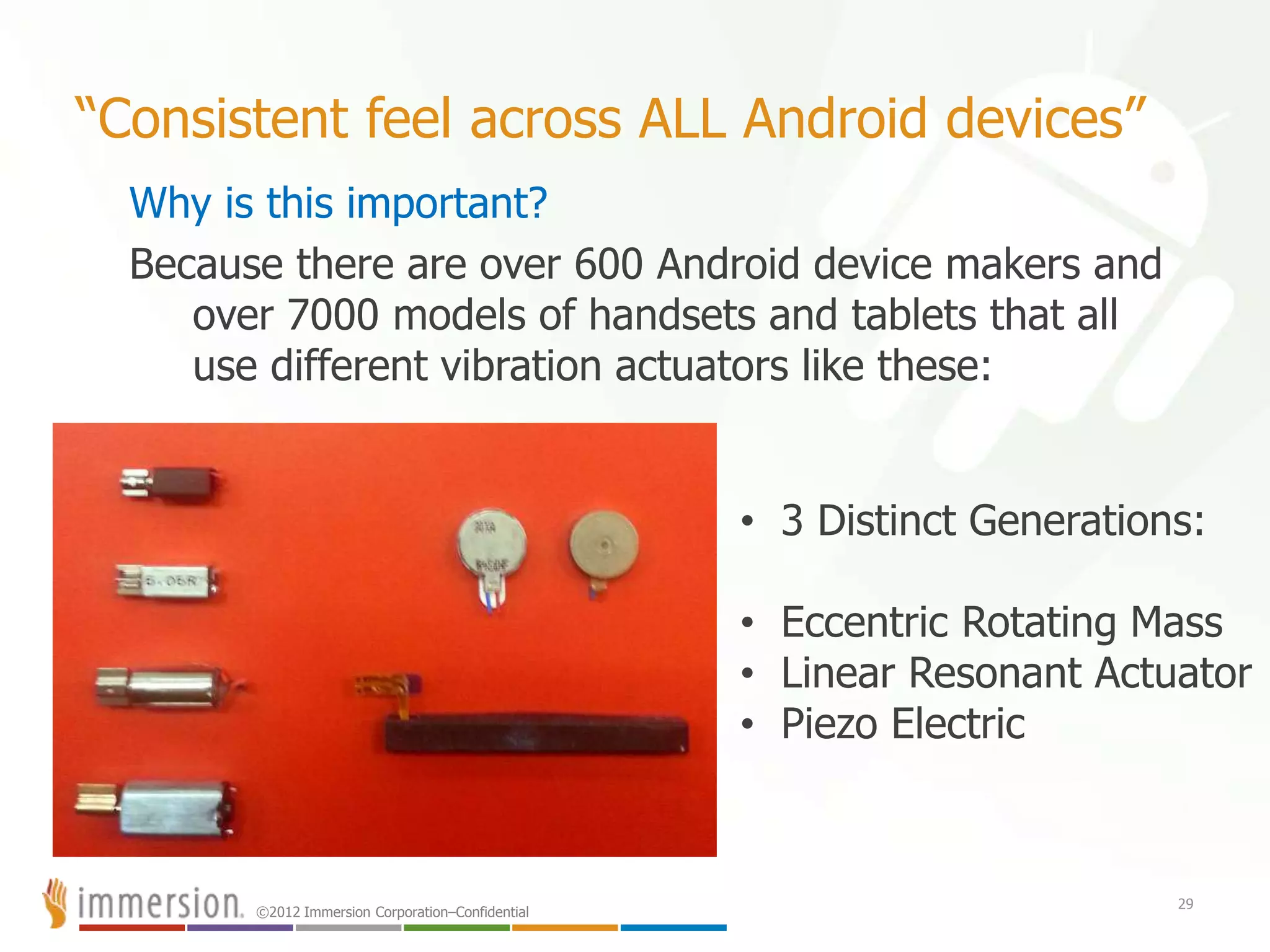 ©2012 Immersion Corporation–Confidential
“Consistent feel across ALL Android devices”
Why is this important?
Because there are over 600 Android device makers and
over 7000 models of handsets and tablets that all
use different vibration actuators like these:
29
• 3 Distinct Generations:
• Eccentric Rotating Mass
• Linear Resonant Actuator
• Piezo Electric
 