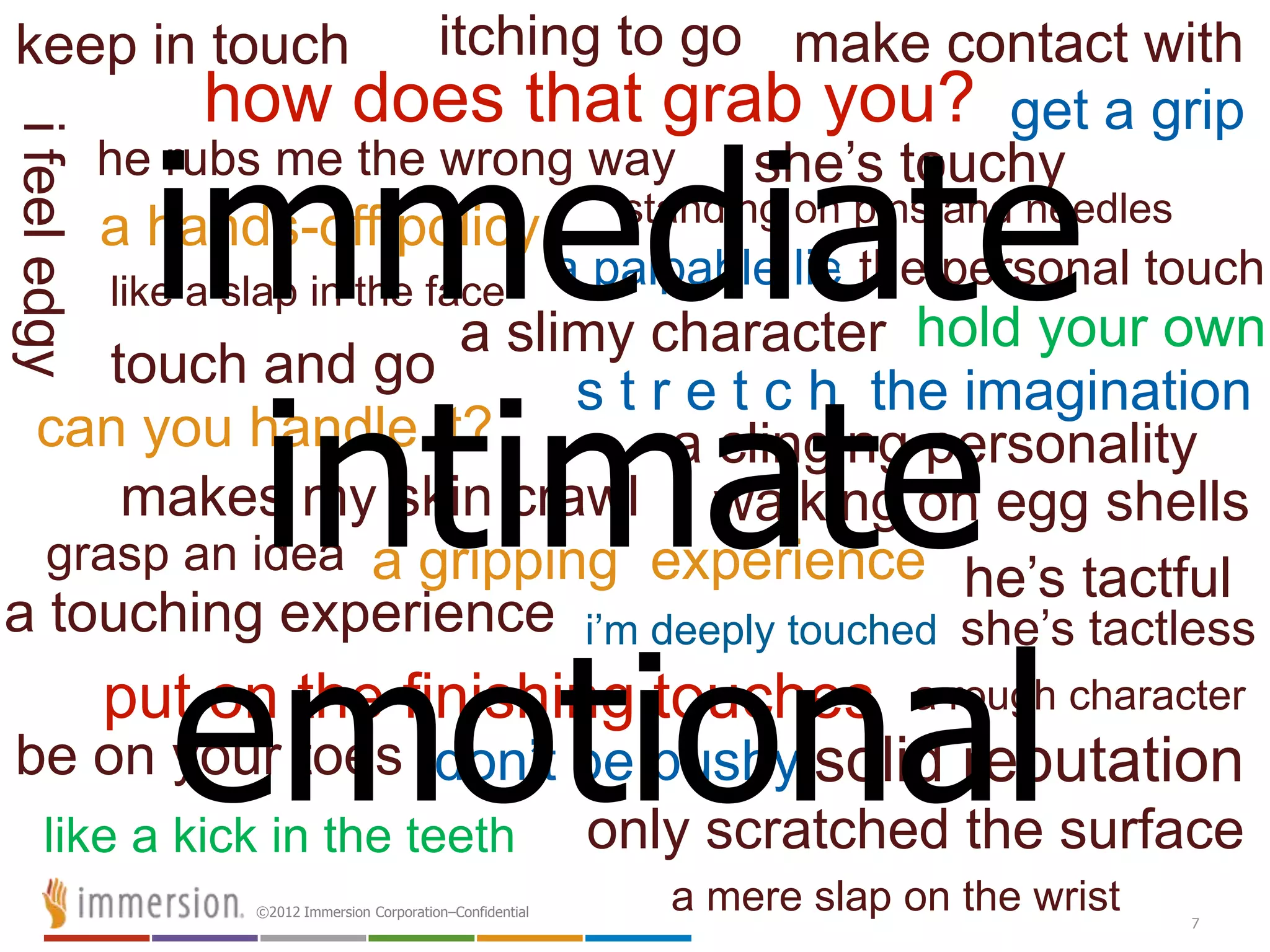 ©2012 Immersion Corporation–Confidential
7
•get a grip•how does that grab you?
•ifeeledgy
•standing on pins and needles
•s t r e t c h the imagination
a gripping experience
•only scratched the surface
•keep in touch
•a touching experience •i’m deeply touched
•itching to go
•can you handle it?
•put on the finishing touches
•he’s tactful
•she’s tactless
•hold your own
•be on your toes
•makes my skin crawl
•solid reputation
•a slimy character
•like a kick in the teeth
•make contact with
•don’t be pushy
•a mere slap on the wrist
•like a slap in the face
•a hands-off policy
•a clinging personality
•a palpable lie
•she’s touchy
•touch and go
•the personal touch
•walking on egg shells
•grasp an idea
•he rubs me the wrong way
•a rough character
intimate
immediate
emotional
 