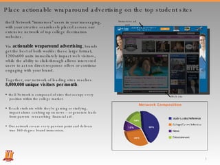 theU Network “immerses” users in your messaging, with your creative seamlessly placed across our extensive network of top college destination websites. Via  actionable wraparound advertising , brands get the best of both worlds: these large format, 1200x600 units immediately impact web visitors, while the ability to click-through allows interested users to act on direct response offers or continue engaging with your brand.  Together, our network of leading sites reaches 8,000,000 unique visitors per month : theU Network is composed of sites that occupy every    position within the college market.  Reach students while they're gaming or studying,    impact alums catching up on news – or generate leads    from parents  researching  financial aid . Our network covers every passion point and delivers    true 360-degree brand immersion. Place actionable wraparound advertising on the top student sites Immersive ad unit Web site 