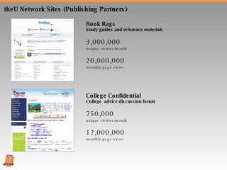 theU Network Sites (Publishing Partners)  Book Rags Study guides and reference materials 3,000,000 unique visitors/month 20,000,000  monthly page views College Confidential College  advice discussion forum 750,000 unique visitors/month 12,000,000  monthly page views 