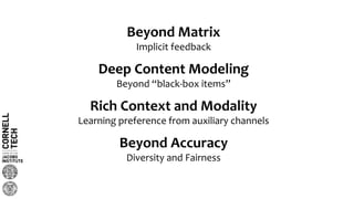Beyond Matrix
Implicit feedback
Deep Content Modeling
Beyond “black-box items”
Beyond Accuracy
Diversity and Fairness
Rich Context and Modality
Learning preference from auxiliary channels
 