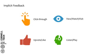 Click-through
Upvote/Like
View/Watch/Visit
Listen/Play
Implicit Feedback
 