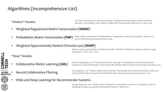 Algorithms (Incomprehensive List)
• Weighted Regularized Matrix Factorization (WRMF)
• Probabilistic Matrix Factorization (PMF)
“Shallow” Models:
• Weighted Approximately Ranked Pairwise Loss (WARP)
“Deep” Models:
Hsieh, Cheng-Kang, et al. "Collaborative metric learning." Proceedings of the 26th International
Conference on World Wide Web. International World Wide Web Conferences Steering Committee, 2017.• Collaborative Metric Learning (CML)
He, Xiangnan, et al. "Neural collaborative filtering." Proceedings of the 26th International Conference
on World Wide Web. International World Wide Web Conferences Steering Committee, 2017.• Neural Collaborative Filtering
Mnih, Andriy, and Ruslan R. Salakhutdinov. "Probabilistic matrix factorization." Advances in
neural information processing systems. 2008.
• Wide and Deep Learning for Recommender Systems
Hu, Yifan, Yehuda Koren, and Chris Volinsky. "Collaborative filtering for implicit feedback
datasets." Data Mining, 2008. ICDM'08. Eighth IEEE International Conference on. Ieee, 2008.
Cheng, Heng-Tze, et al. "Wide & deep learning for recommender systems." Proceedings of the 1st
Workshop on Deep Learning for Recommender Systems. ACM, 2016.
Weston, Jason, Samy Bengio, and Nicolas Usunier. "Wsabie: Scaling up to large vocabulary image
annotation." IJCAI. Vol. 11. 2011.
 