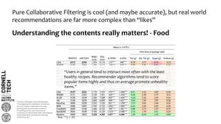 Pure Collaborative Filtering is cool (and maybe accurate), but real world
recommendations are far more complex than “likes”
Understanding the contents really matters! - Food
“Users in general tend to interact most often with the least
healthy recipes. Recommender algorithms tend to score
popular items highly and thus on average promote unhealthy
items.”
Trattner, Christoph, and David Elsweiler.
"Investigating the healthiness of internet-
sourced recipes: implications for meal
planning and recommender systems."
Proceedings of the 26th International
Conference on World Wide Web. International
World Wide Web Conferences Steering
Committee, 2017
 