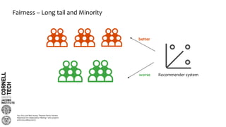 Fairness – Long tail and Minority
Recommender system
better
worse
Yao, Sirui, and Bert Huang. "Beyond Parity: Fairness
Objectives for Collaborative Filtering." arXiv preprint
arXiv:1705.08804 (2017).
 