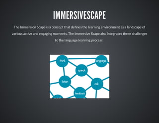 IMMERSIVESCAPE
The Immersion Scape is a concept that defines the learning environment as a landscape of
various active and engaging moments. The Immersive Scape also integrates three challenges
to the language learning process: