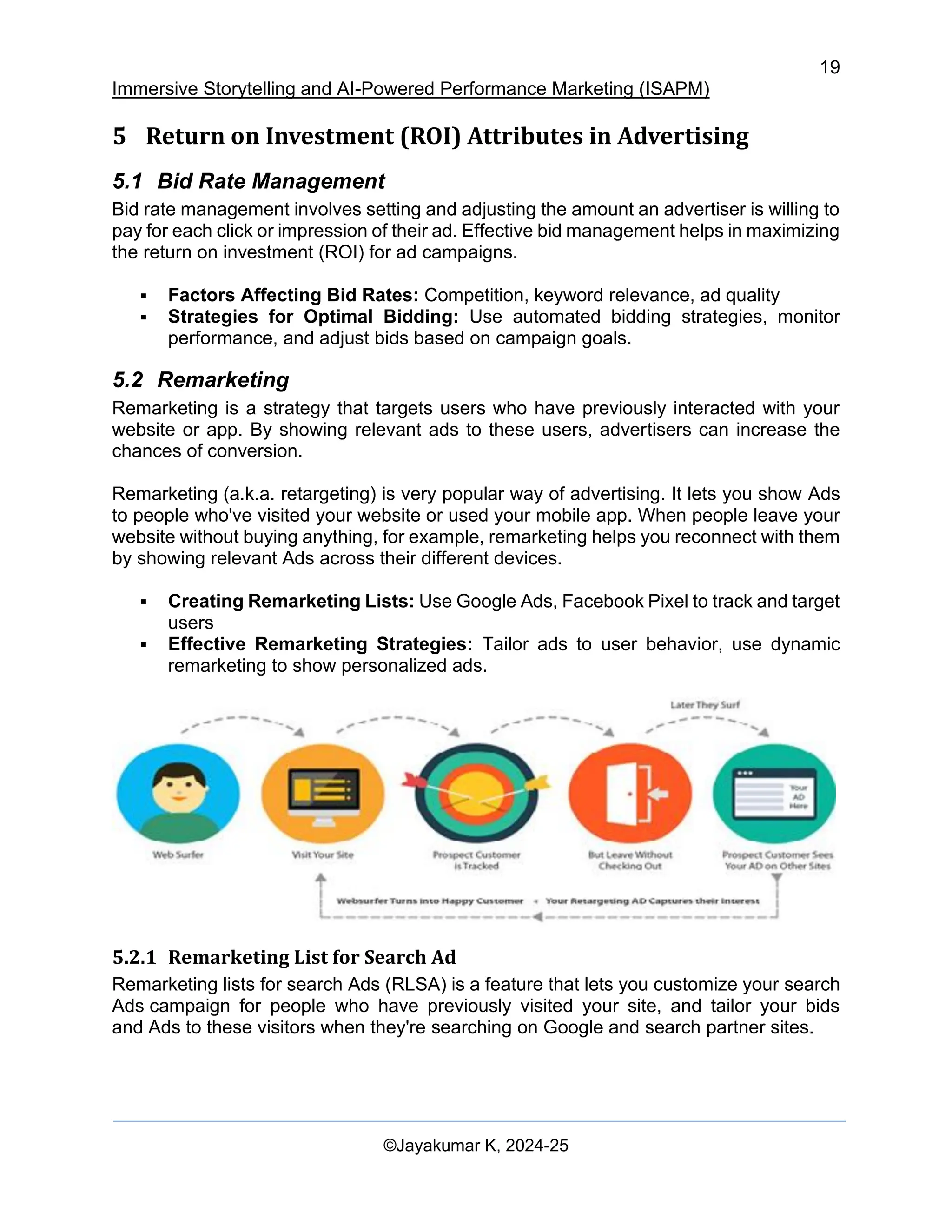 19
Immersive Storytelling and AI-Powered Performance Marketing (ISAPM)
©Jayakumar K, 2024-25
5 Return on Investment (ROI) Attributes in Advertising
5.1 Bid Rate Management
Bid rate management involves setting and adjusting the amount an advertiser is willing to
pay for each click or impression of their ad. Effective bid management helps in maximizing
the return on investment (ROI) for ad campaigns.
▪ Factors Affecting Bid Rates: Competition, keyword relevance, ad quality
▪ Strategies for Optimal Bidding: Use automated bidding strategies, monitor
performance, and adjust bids based on campaign goals.
5.2 Remarketing
Remarketing is a strategy that targets users who have previously interacted with your
website or app. By showing relevant ads to these users, advertisers can increase the
chances of conversion.
Remarketing (a.k.a. retargeting) is very popular way of advertising. It lets you show Ads
to people who've visited your website or used your mobile app. When people leave your
website without buying anything, for example, remarketing helps you reconnect with them
by showing relevant Ads across their different devices.
▪ Creating Remarketing Lists: Use Google Ads, Facebook Pixel to track and target
users
▪ Effective Remarketing Strategies: Tailor ads to user behavior, use dynamic
remarketing to show personalized ads.
5.2.1 Remarketing List for Search Ad
Remarketing lists for search Ads (RLSA) is a feature that lets you customize your search
Ads campaign for people who have previously visited your site, and tailor your bids
and Ads to these visitors when they're searching on Google and search partner sites.
 