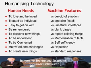 Immersive Technology Strategies
www.davidwortley.com
Humanising Technology
 To love and be loved vs devoid of emotion
 T...