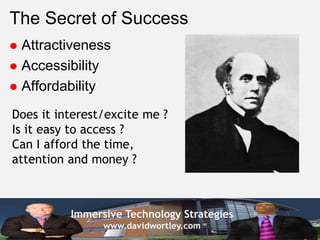 Immersive Technology Strategies
www.davidwortley.com
The Secret of Success
 Attractiveness
 Accessibility
 Affordabilit...
