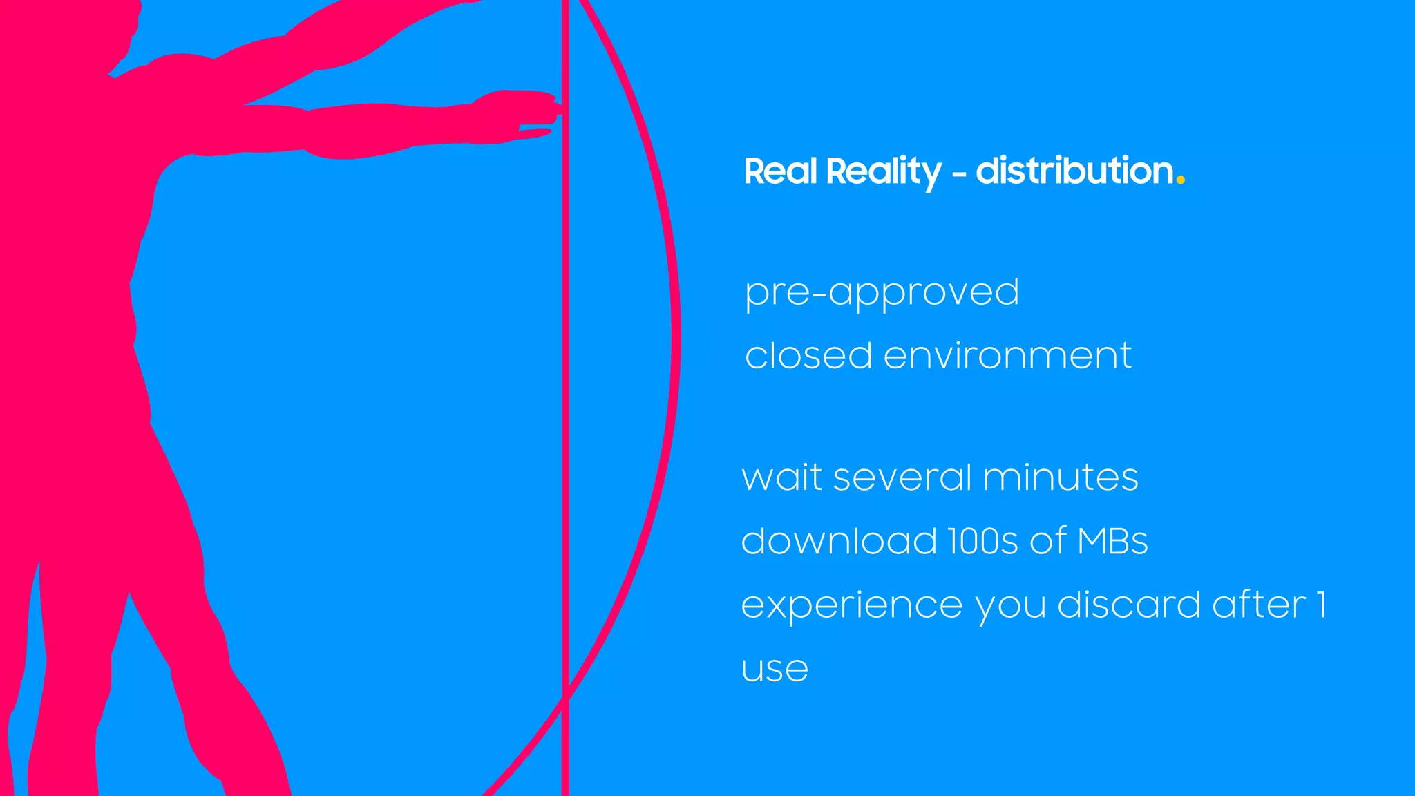 Real Reality - distribution
pre-approved
closed environment
wait several minutes
download 100s of MBs
experience you discard after 1
use
 