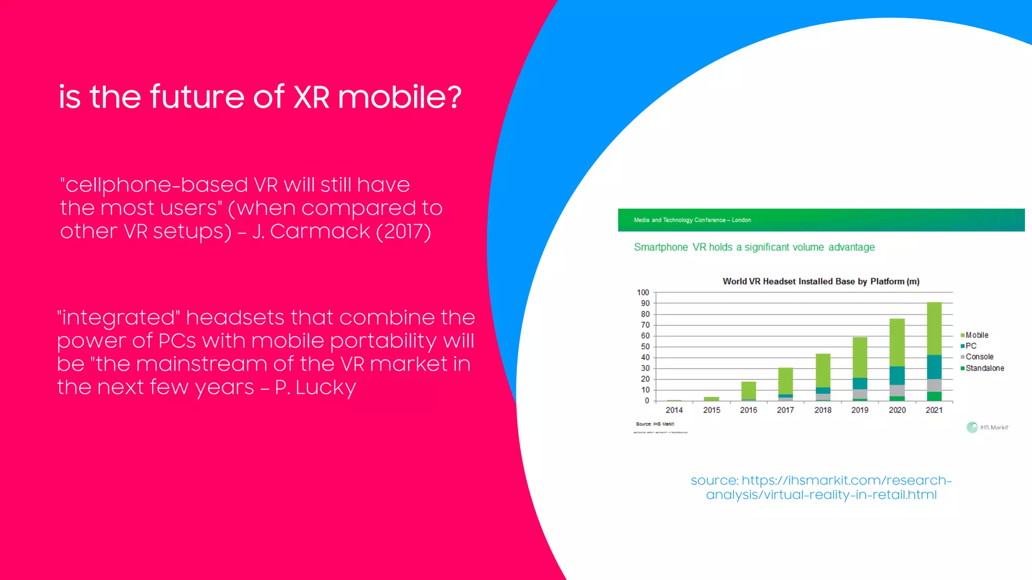VR is out of
the Hype
Cycle
"cellphone-based VR will still have
the most users" (when compared to
other VR setups) – J. Carmack (2017)
"integrated" headsets that combine the
power of PCs with mobile portability will
be "the mainstream of the VR market in
the next few years – P. Lucky
is the future of XR mobile?
source: https://ihsmarkit.com/research-
analysis/virtual-reality-in-retail.html
 