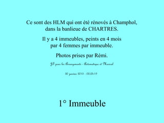 Ce sont des HLM qui ont été rénovés à Champhol,
dans la banlieue de CHARTRES.
Il y a 4 immeubles, peints en 4 mois
par 4 femmes par immeuble.
Photos prises par Rémi.
JT pour les Arrangements - Automatique et Musical
30 janvier 2015 - 02:25:19
1° Immeuble
 