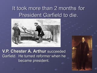It took more than 2 monthsIt took more than 2 months forfor
President Garfield to die.President Garfield to die.
V.P. Chester A. ArthurV.P. Chester A. Arthur succeededsucceeded
Garfield. He turnedGarfield. He turned reformerreformer when hewhen he
became president.became president.
 
