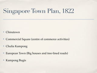 Singapore Town Plan, 1822


✤   Chinatown

✤   Commercial Square (centre of commerce activities)

✤   Chulia Kampong

✤   European Town (Big houses and tree-lined roads)

✤   Kampong Bugis
 