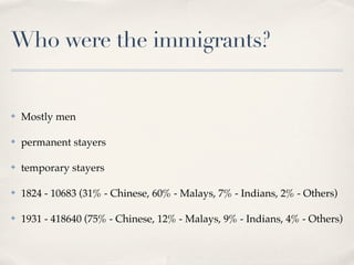 Who were the immigrants?


✤   Mostly men

✤   permanent stayers

✤   temporary stayers

✤   1824 - 10683 (31% - Chinese, 60% - Malays, 7% - Indians, 2% - Others)

✤   1931 - 418640 (75% - Chinese, 12% - Malays, 9% - Indians, 4% - Others)
 