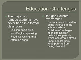  The majority of
refugee students have
never been in a formal
classroom
• Lacking basic skills
• Non-English speaking
• Reading, writing, math
• Attention span
 Refugee Parental
Involvement
• Parents are not used to
being involved in the
school system
• Children often begin
speaking English
before their parents
which can create stress
• Language barriers
keep parents from
being involved
 