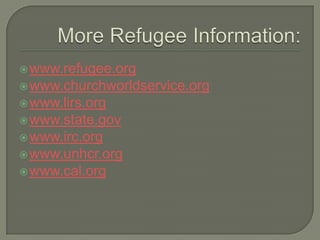 www.refugee.org
www.churchworldservice.org
www.lirs.org
www.state.gov
www.irc.org
www.unhcr.org
www.cal.org
 