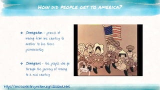 How did people get to america?
❖ Immigration - process of
moving from one country to
another to live there
permanently
❖ Immigrant - the people who go
through the journey of moving
to a new country
https://americanhistory.mrdonn.org/ellisisland.html
 