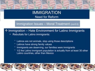 IMMIGRATION Need for Reform Immigration Issues – Moral Treatment  (cont’d) Immigration – Hate Environment for Latino Immigrants Rebuttals for Latino immigrants: Latinos are not animals, stop using those descriptions Latinos have strong family values Immigrants are deserving, our families were immigrants 1/2 the Latino immigrant population is actually from at least 30 other Latino countries, other than Mexico 