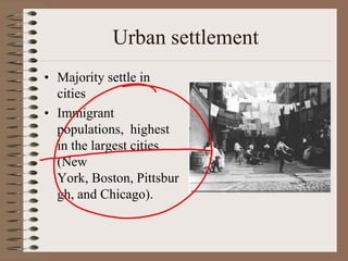Urban settlement
• Majority settle in
  cities
• Immigrant
  populations, highest
  in the largest cities
  (New
  York, Boston, Pittsbur
  gh, and Chicago).
 