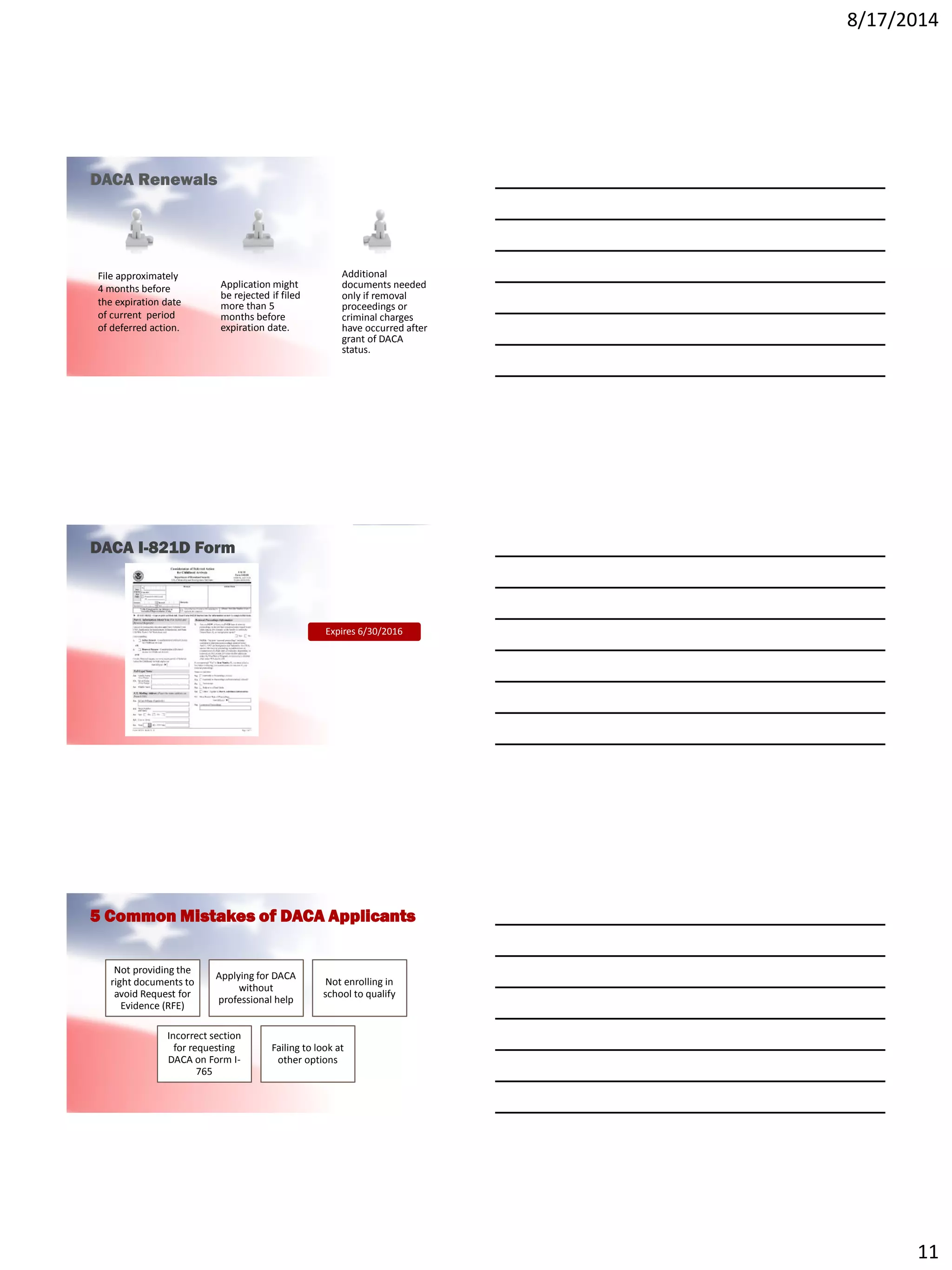 8/17/2014
11
File approximately
4 months before
the expiration date
of current period
of deferred action.
Application might
be rejected if filed
more than 5
months before
expiration date.
Additional
documents needed
only if removal
proceedings or
criminal charges
have occurred after
grant of DACA
status.
DACA Renewals
DACA I-821D Form
Expires 6/30/2016
Not providing the
right documents to
avoid Request for
Evidence (RFE)
Applying for DACA
without
professional help
Not enrolling in
school to qualify
Incorrect section
for requesting
DACA on Form I-
765
Failing to look at
other options
5 Common Mistakes of DACA Applicants
 