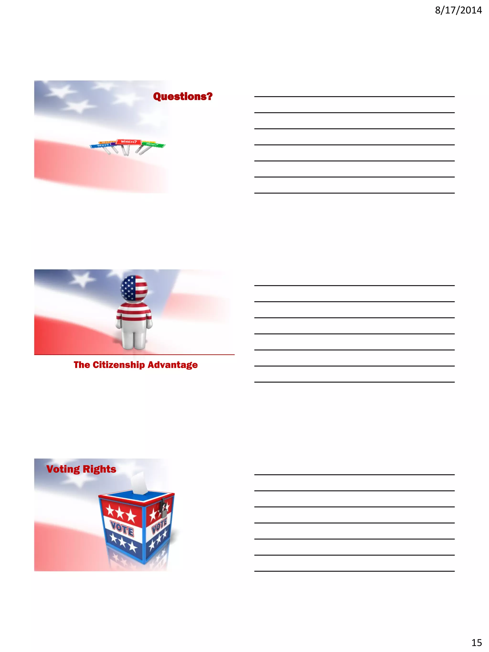8/17/2014
15
Questions?
The Citizenship Advantage
Voting Rights
 