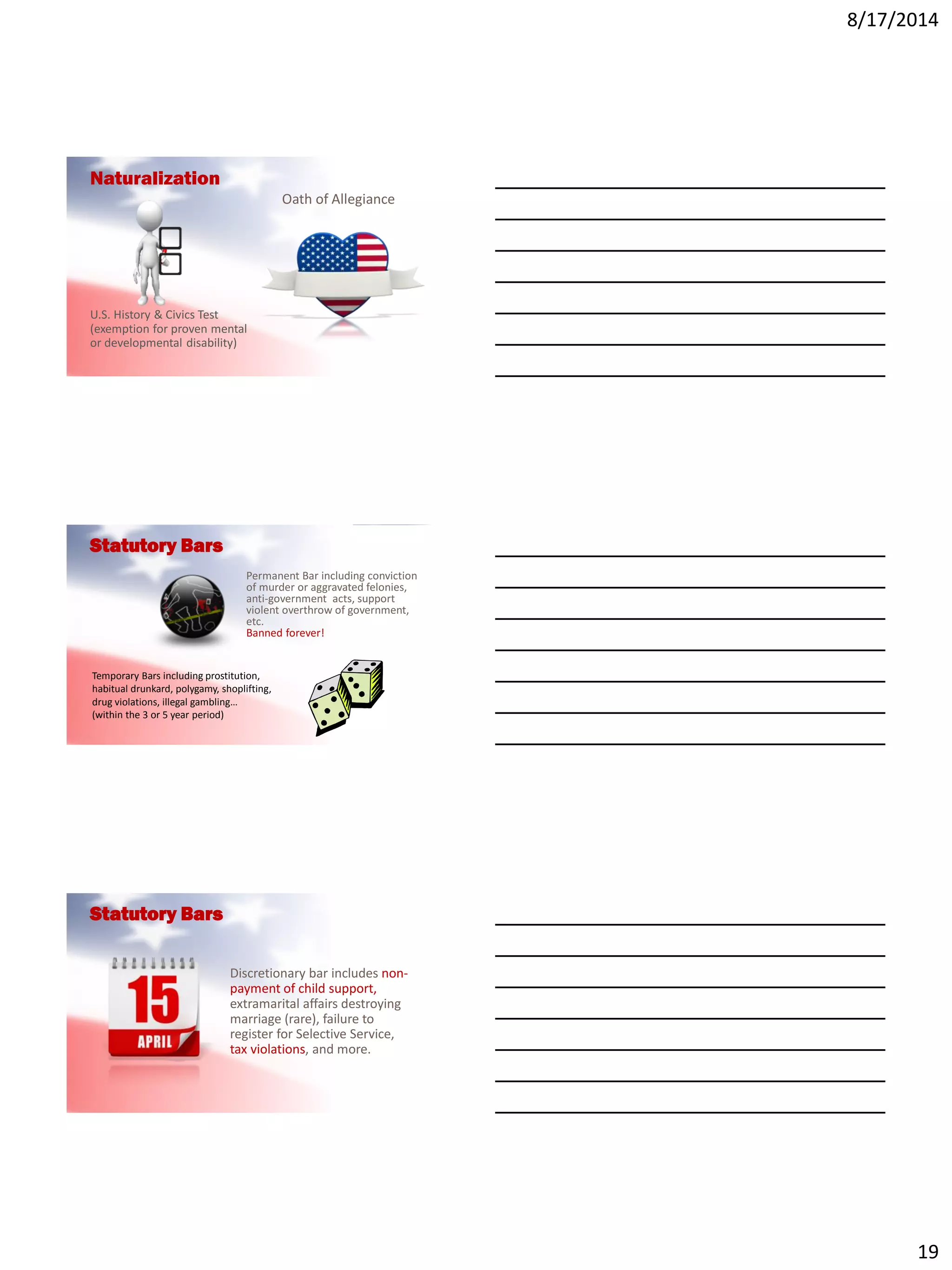 8/17/2014
19
Naturalization
U.S. History & Civics Test
(exemption for proven mental
or developmental disability)
Oath of Allegiance
Statutory Bars
Permanent Bar including conviction
of murder or aggravated felonies,
anti-government acts, support
violent overthrow of government,
etc.
Banned forever!
Temporary Bars including prostitution,
habitual drunkard, polygamy, shoplifting,
drug violations, illegal gambling…
(within the 3 or 5 year period)
Statutory Bars
Discretionary bar includes non-
payment of child support,
extramarital affairs destroying
marriage (rare), failure to
register for Selective Service,
tax violations, and more.
 