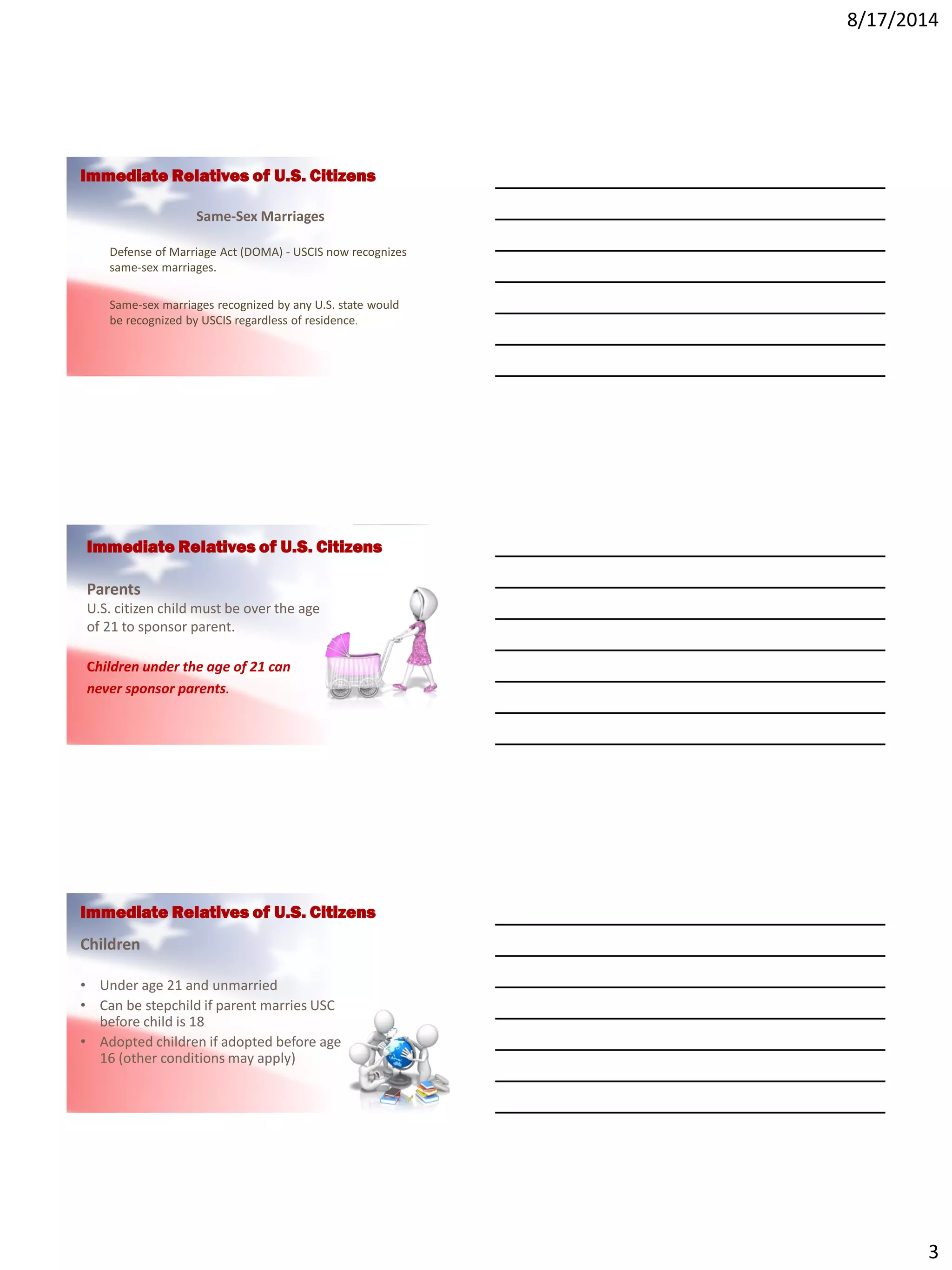 8/17/2014
3
Same-Sex Marriages
Defense of Marriage Act (DOMA) - USCIS now recognizes
same-sex marriages.
Same-sex marriages recognized by any U.S. state would
be recognized by USCIS regardless of residence.
Immediate Relatives of U.S. Citizens
Parents
U.S. citizen child must be over the age
of 21 to sponsor parent.
Children under the age of 21 can
never sponsor parents.
Immediate Relatives of U.S. Citizens
Children
• Under age 21 and unmarried
• Can be stepchild if parent marries USC
before child is 18
• Adopted children if adopted before age
16 (other conditions may apply)
Immediate Relatives of U.S. Citizens
 