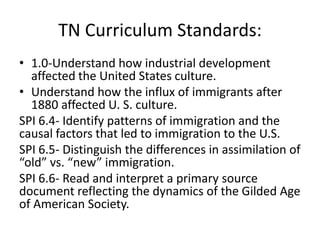 TN Curriculum Standards:
• 1.0-Understand how industrial development
affected the United States culture.
• Understand how ...