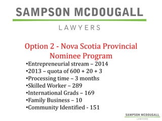 Option 2 - Nova Scotia Provincial
Nominee Program
•Entrepreneurial stream – 2014
•2013 – quota of 600 + 20 + 3
•Processing time – 3 months
•Skilled Worker – 289
•International Grads – 169
•Family Business – 10
•Community Identified - 151

 