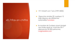 «EL7r9a» en chiffre
 917 «7ara9 » en 7 ans (1997-2003)
 Depuis les années 90, quelque 15
mille disparus de différentes
nationalités Tunivision
 le nombre de Tunisiens ayant émigré
vers l'Italie après le 14 janvier 2011
dépasse les 30 000 personnes.
magharebia.com
 
