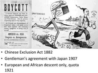 Chinese Exclusion Act 1882 Gentlemans agreement with Japan 1907 European and African descent only, quota 1921 